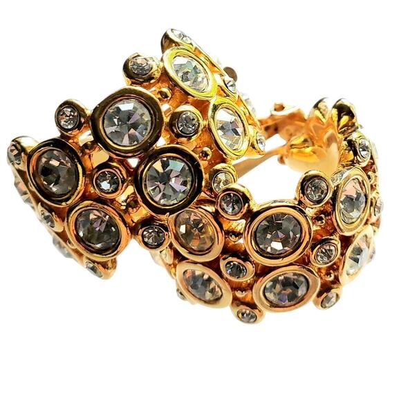 Swarovski Crystal Half Hoop Earrings Clip On Swan Signed Gold Tone Pave Jewelry - Picture 2 of 8